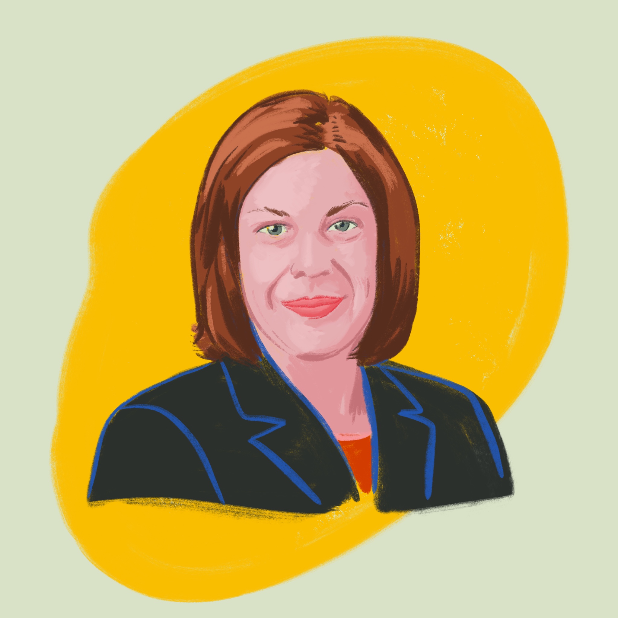A digital portrait of a white woman with medium-length brown hair