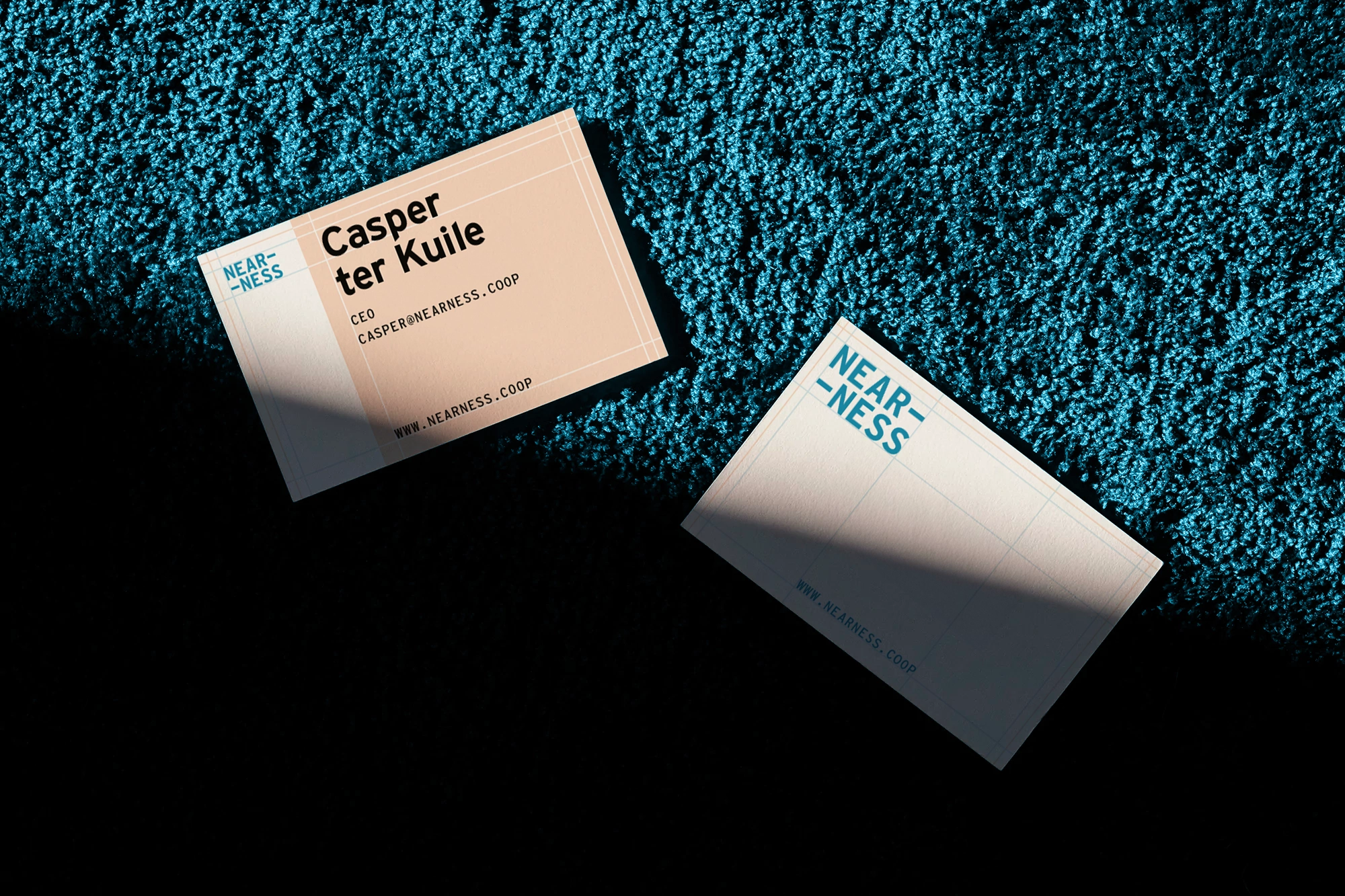 A  photo of two business cards on a blue carpet