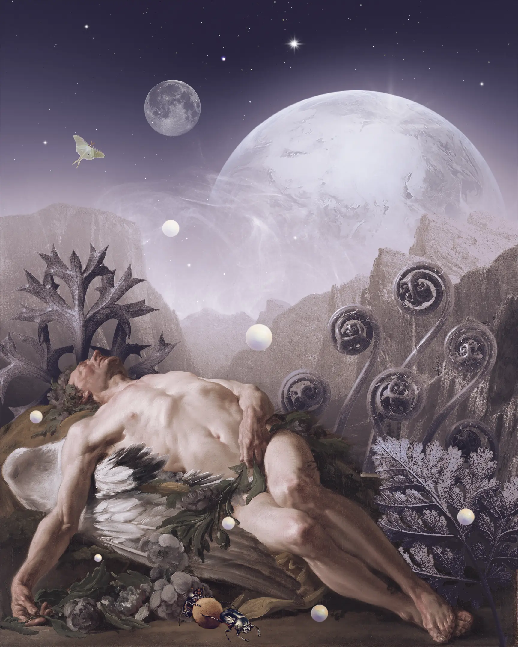 A digital collage of a sleeping angel in front of a surreal landscape