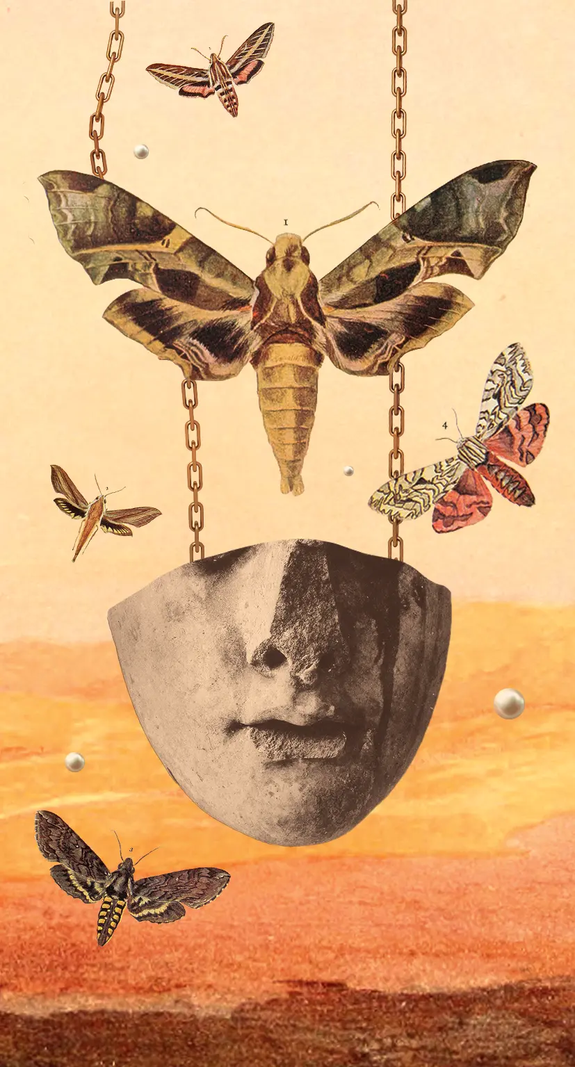 A digital collage of a stone head and moths