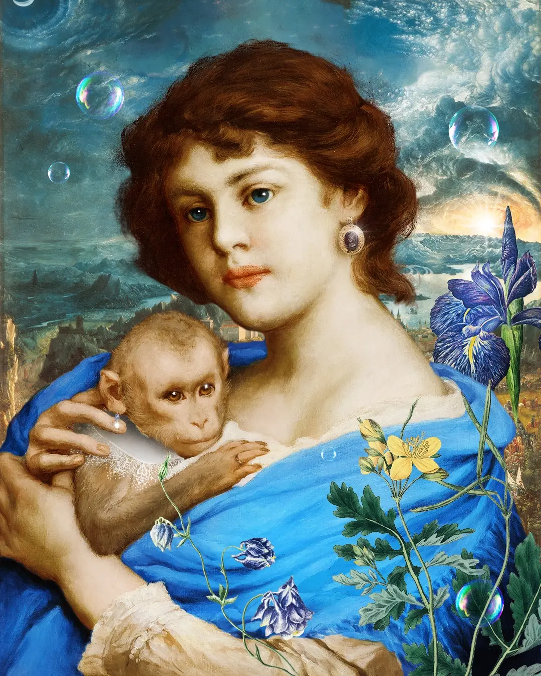 A collage of a woman holding a baby monkey surrounded by flowers and bubbles