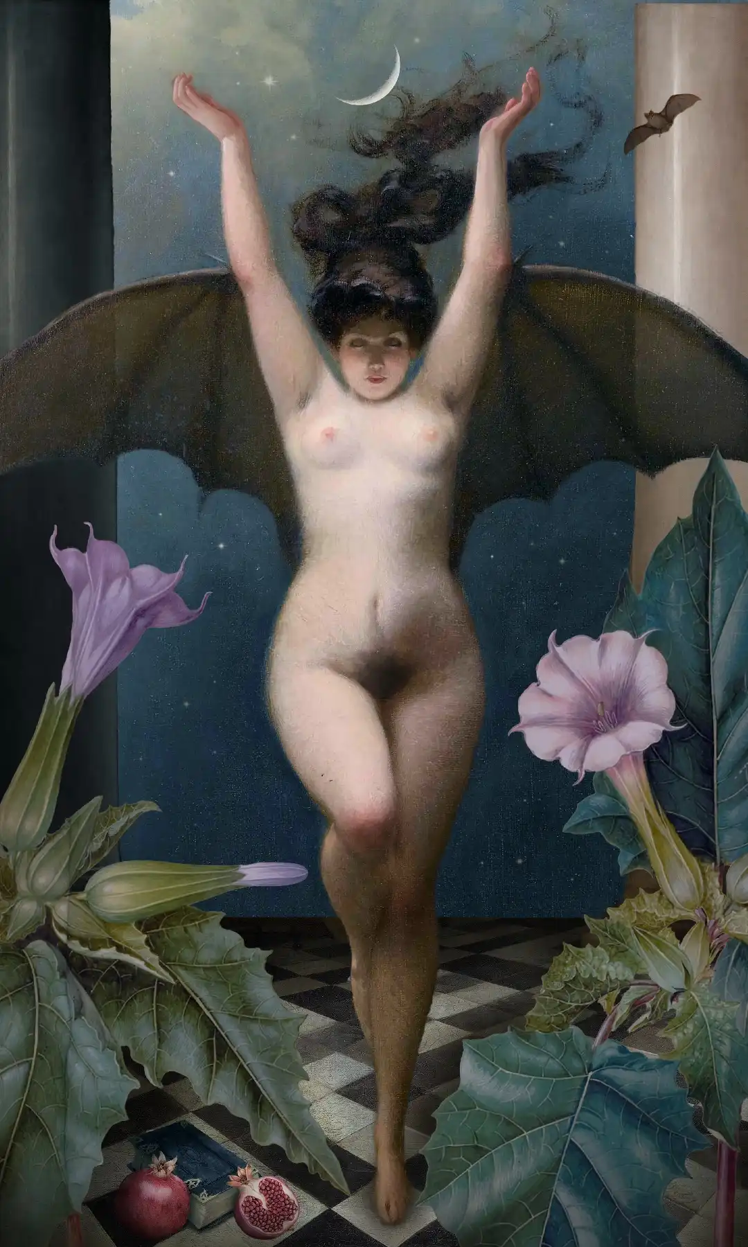 A collage of a nude woman with bat wings