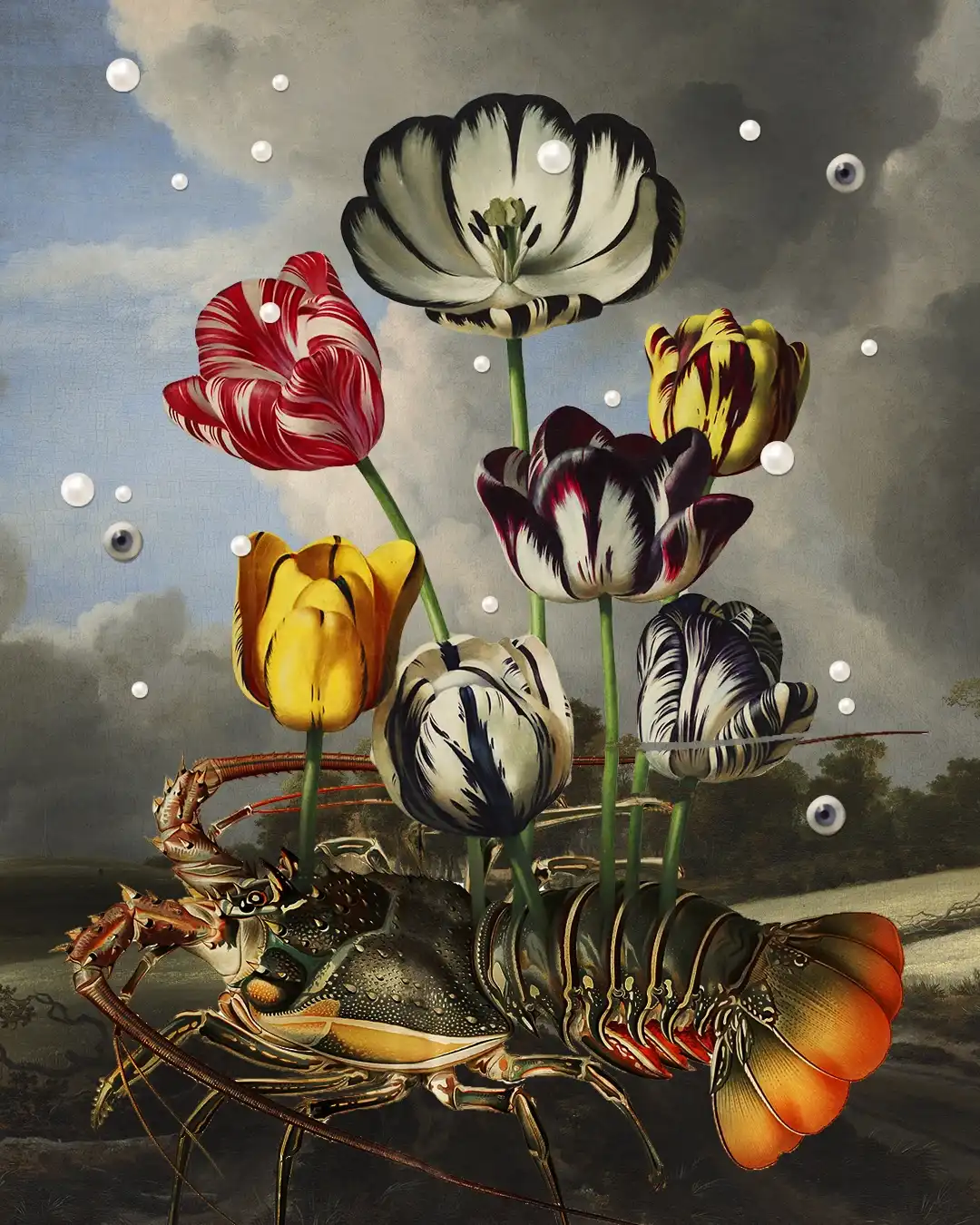 A collage of a lobster and tulips on a stormy day
