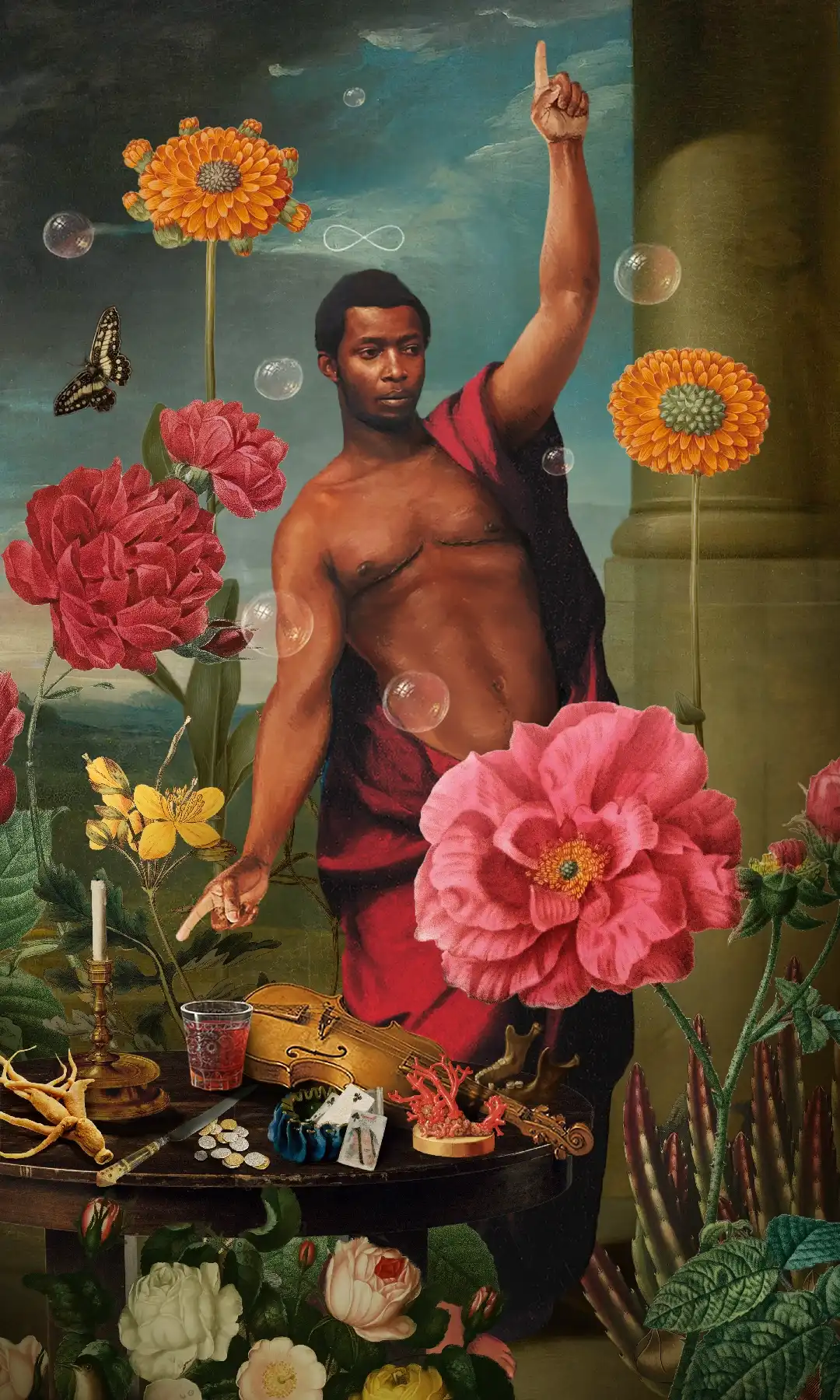 A collage and digital painting of a young Black man with top surgery scars wearing a red drape, surrounded by giant flowers