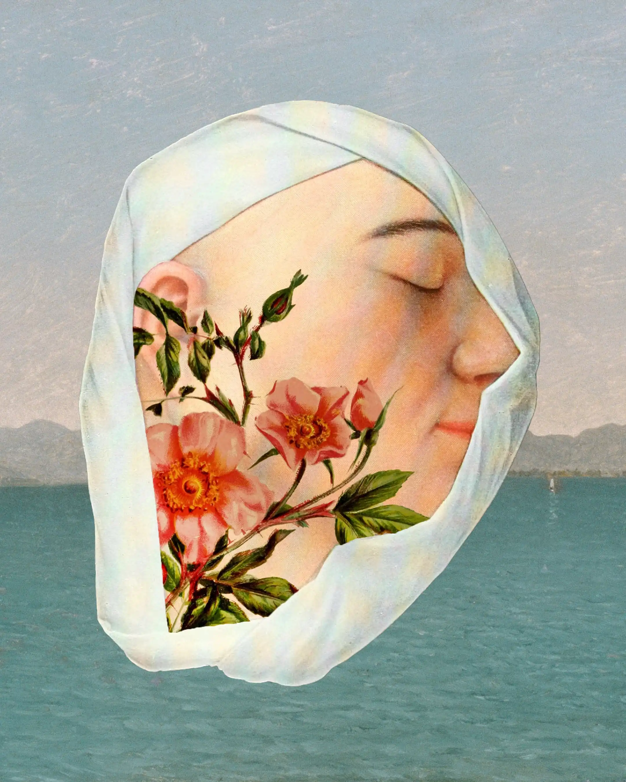 A collage of flowers on a bandaged face over the sea