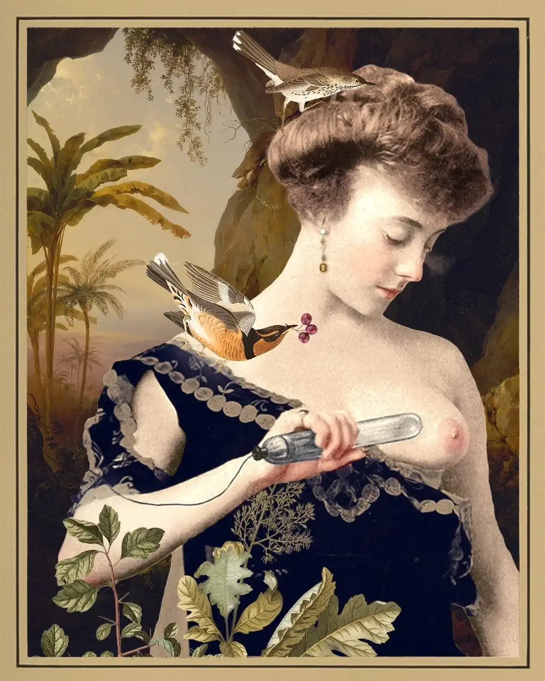A collage of a victorian woman in a forest applying a mysterious medical device to her breast
