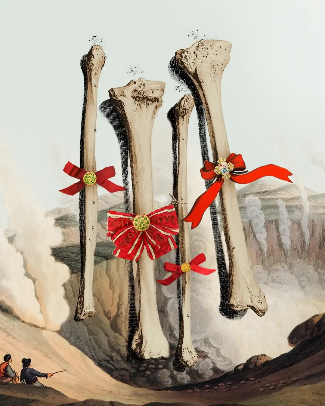 A collage of beribboned bones in front of a crater