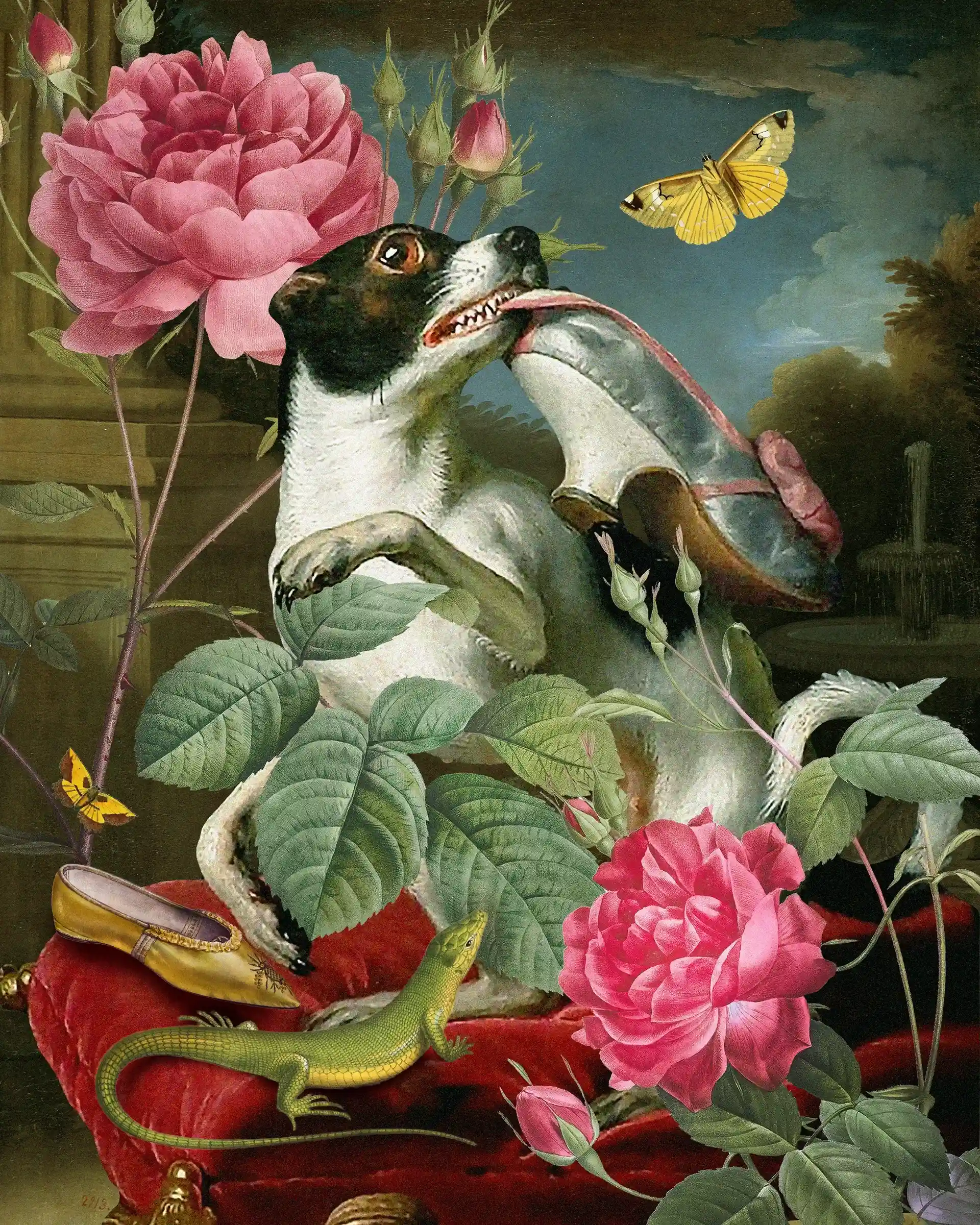 A digital collage of a small dog holding a silk shoe among roses