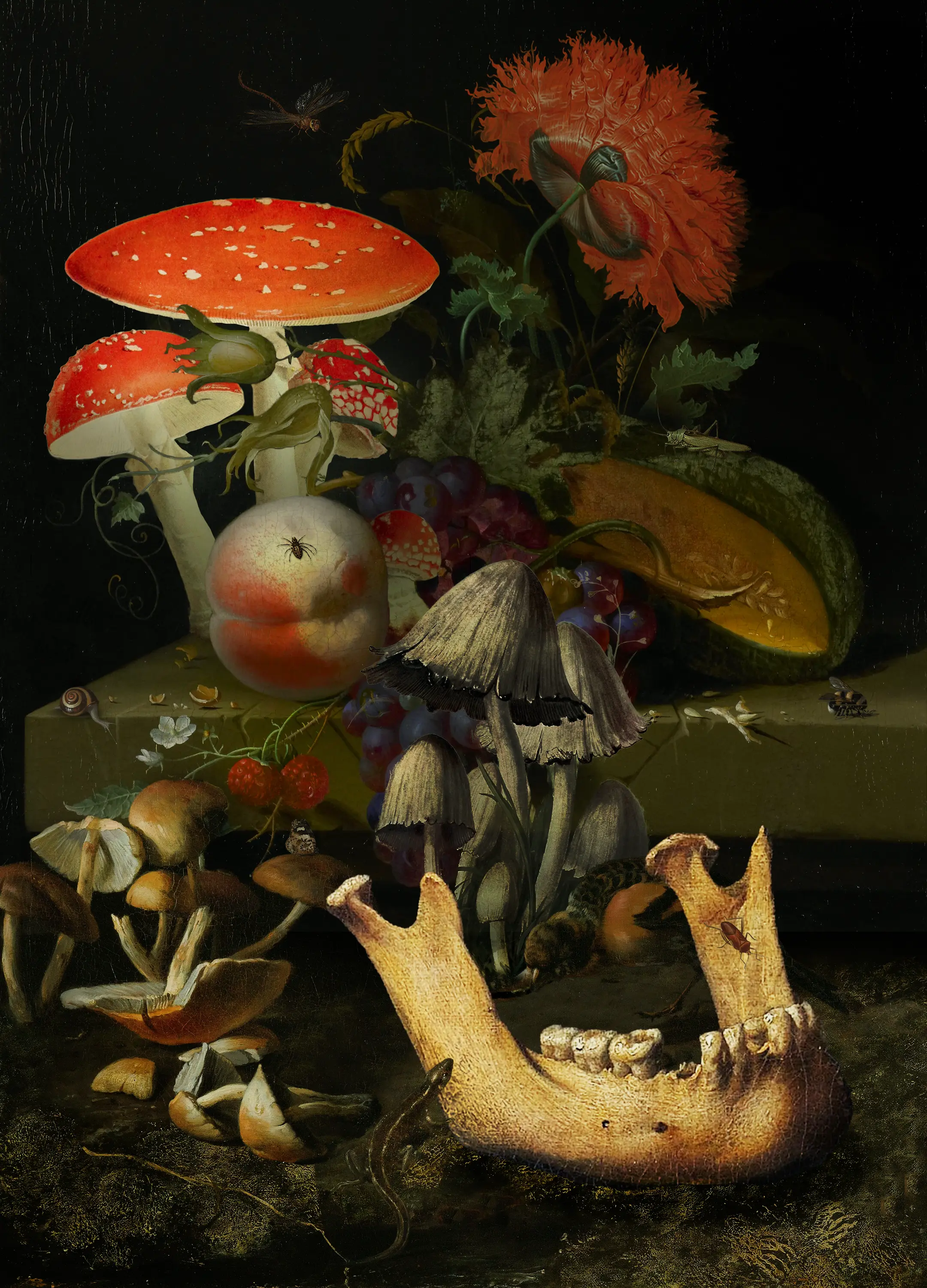 A collage of mushrooms and a human mandible