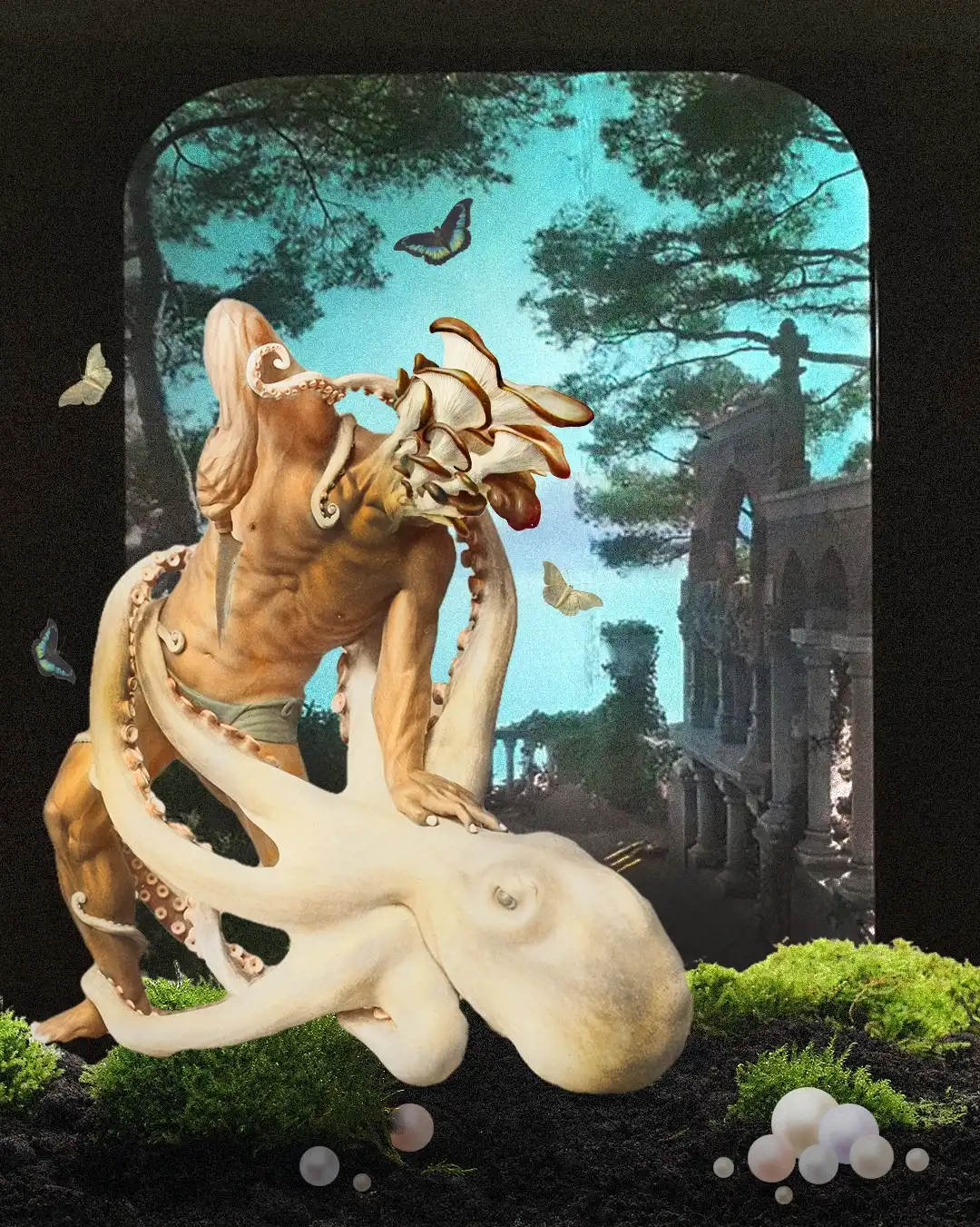A collage of a man with a mushroom for a head wrestling a giant octopus
