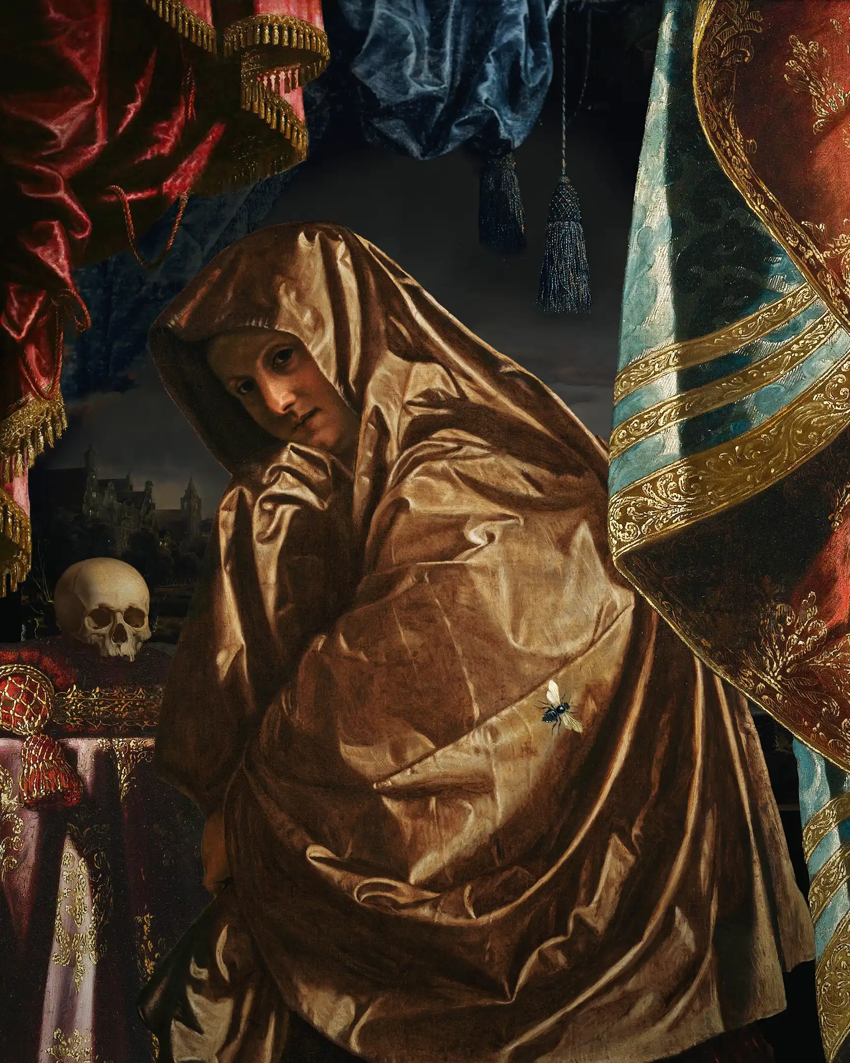 A collage of a draped figure surrounded by luxurious textiles