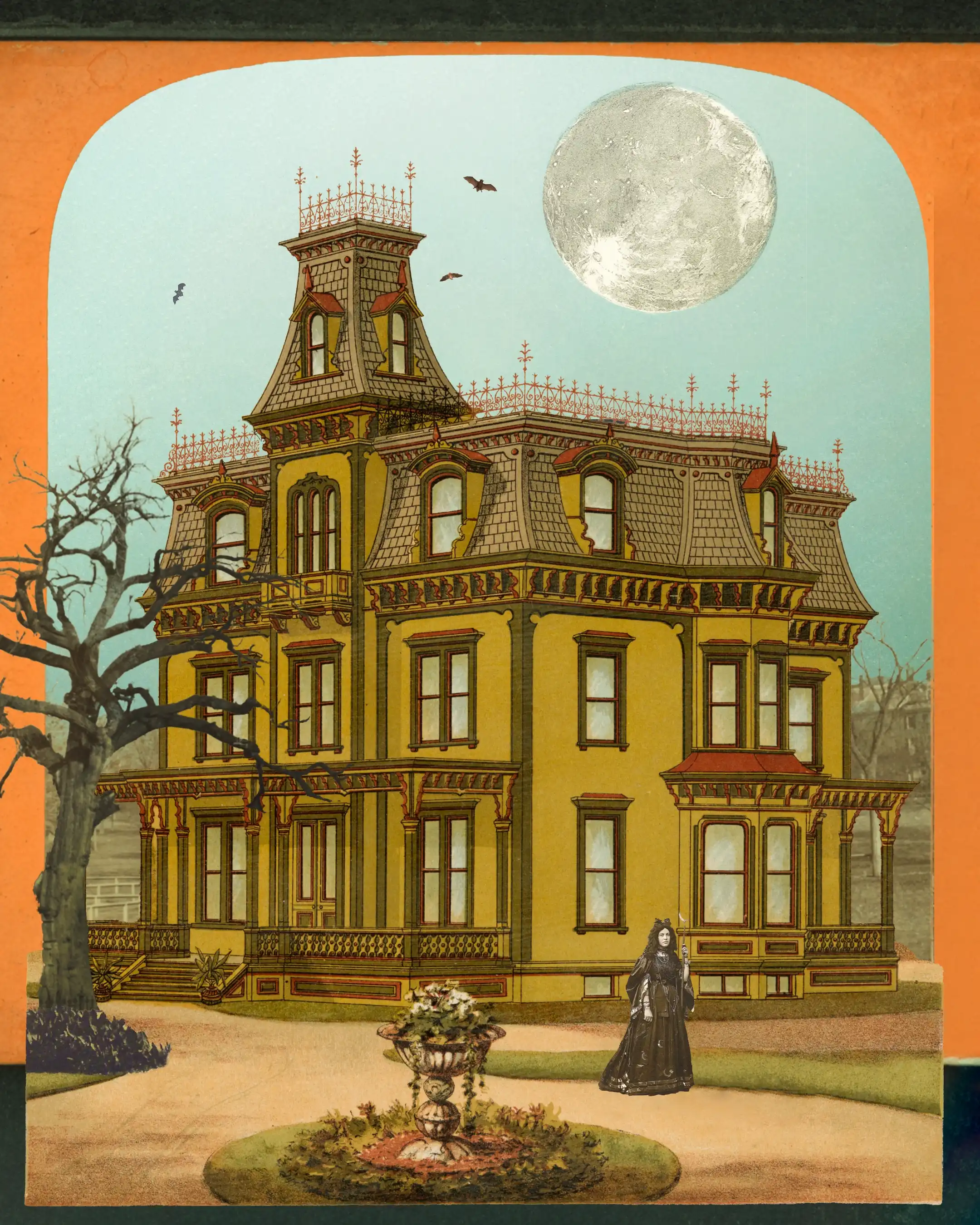 A collage of a victorian house with a dead tree and the moon, with an orange background
