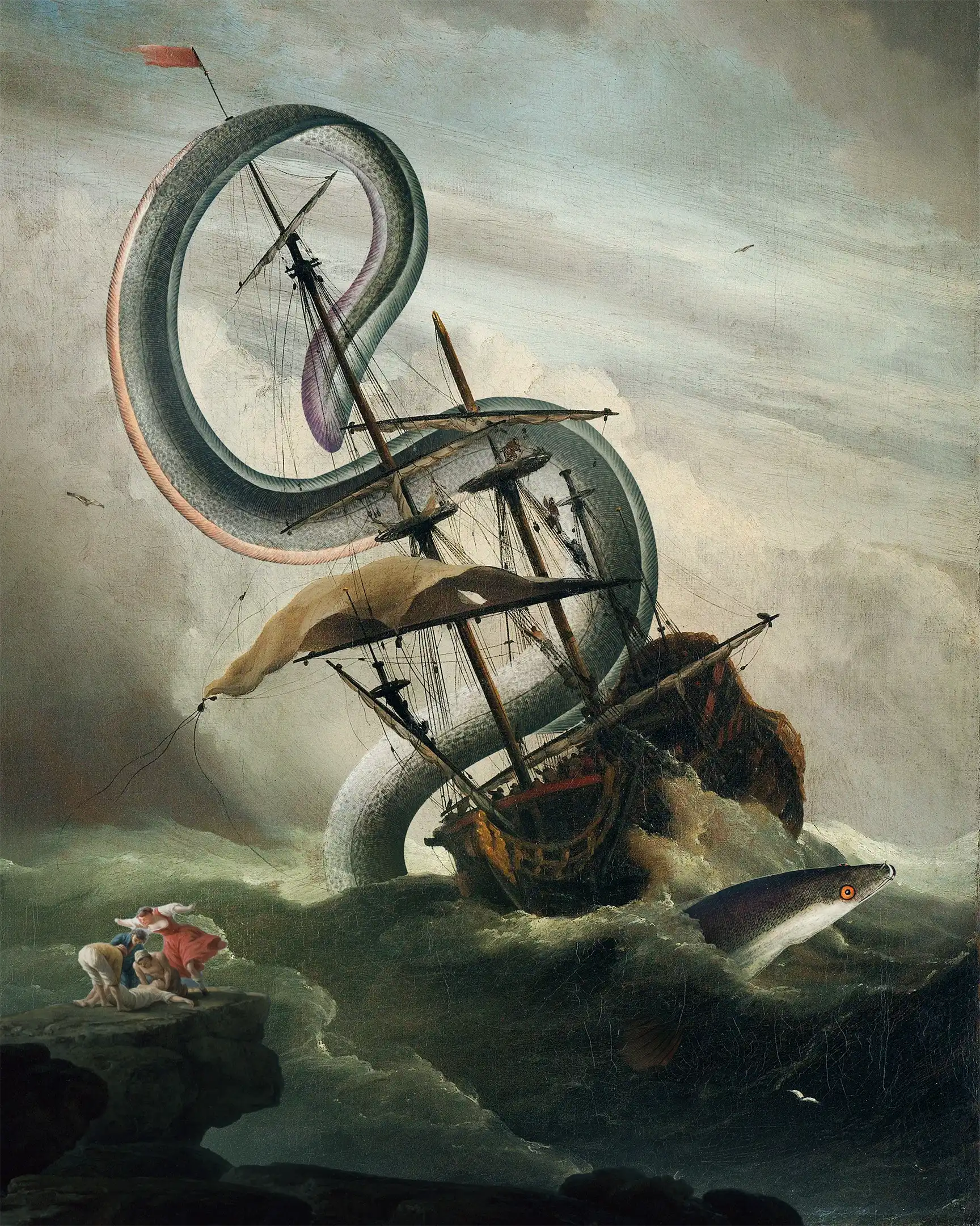 A collage of a giant eel attacking a ship