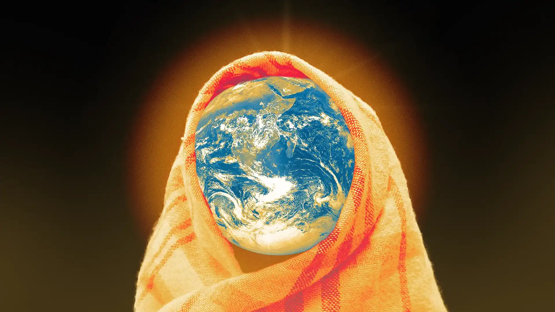 A digital collage illustration of the earth wrapped in an orange blanket