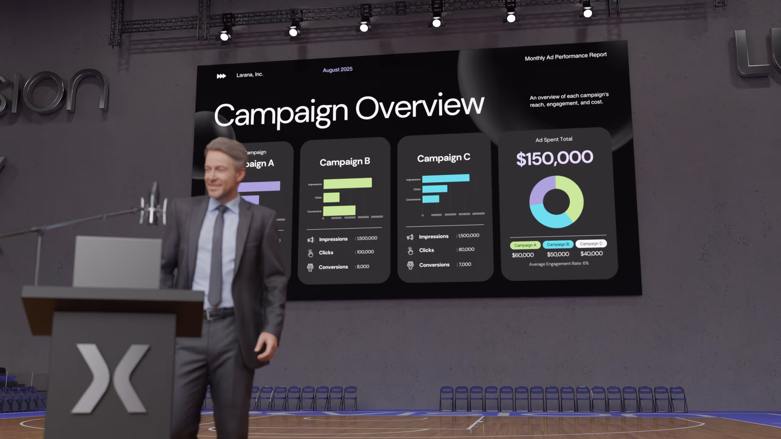 Man presenting a marketing campaign in front of a large LED video display wall