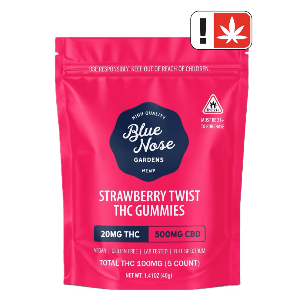 Blue Nose extra-strength gummies with 20mg THC and 500mg CBD per gummy, vegan and gluten-free.