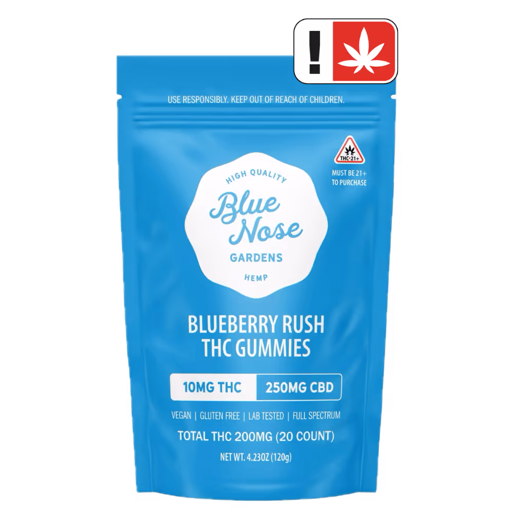 Blue Nose gummies with 10mg THC and 250mg CBD per gummy, crafted for experienced users seeking extra-strength relief.