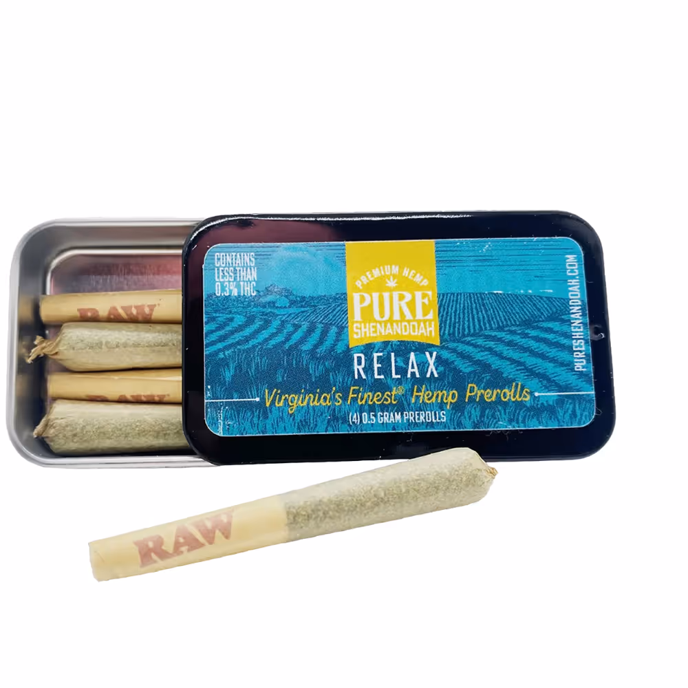CBD Relax pre-rolls made with Virginia sun-grown hemp flower, calming floral and earthy aroma