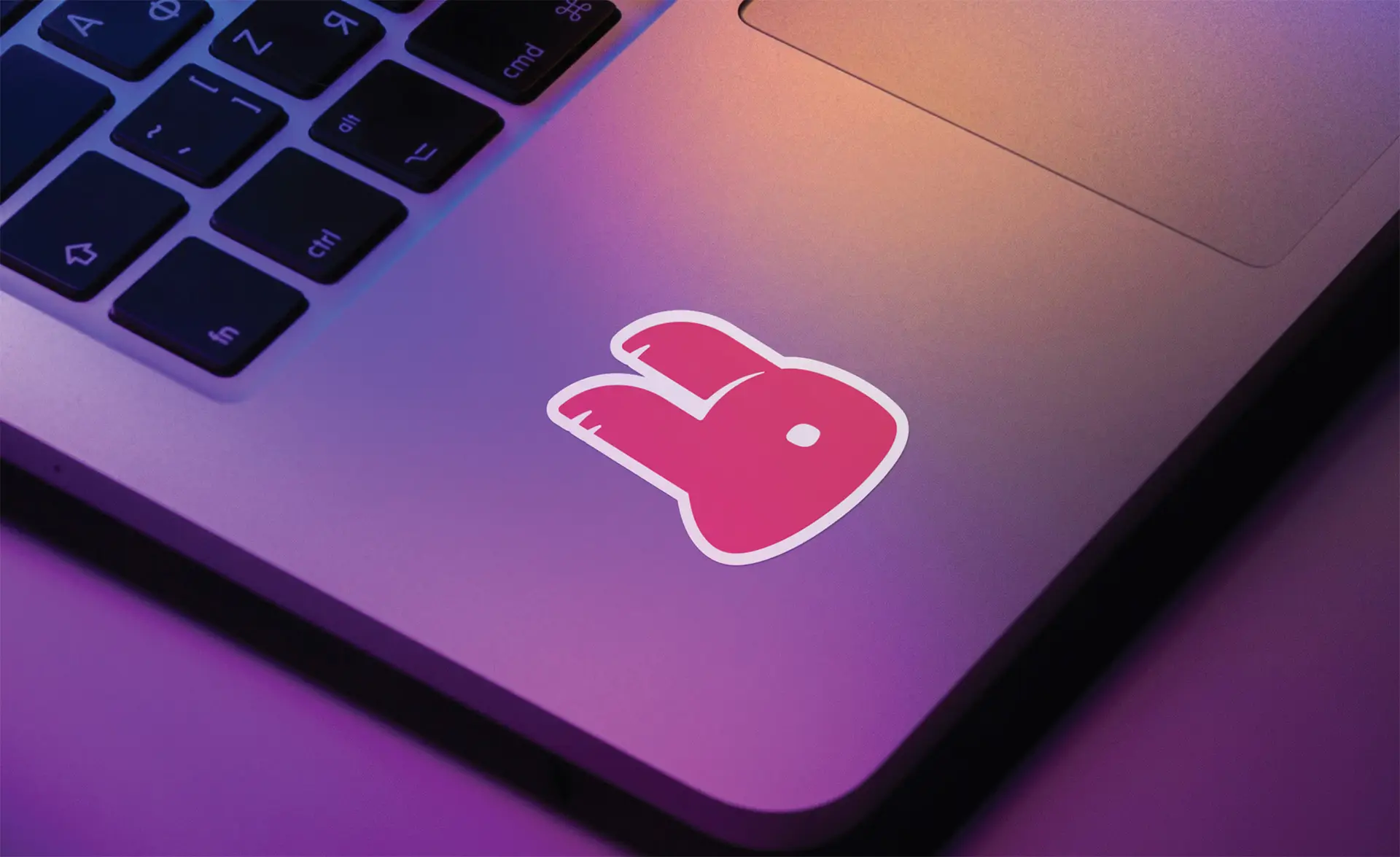 Pink rabbit sticker of Hype the Hare on a laptop, representing HyperGo's playful brand identity and mascot.