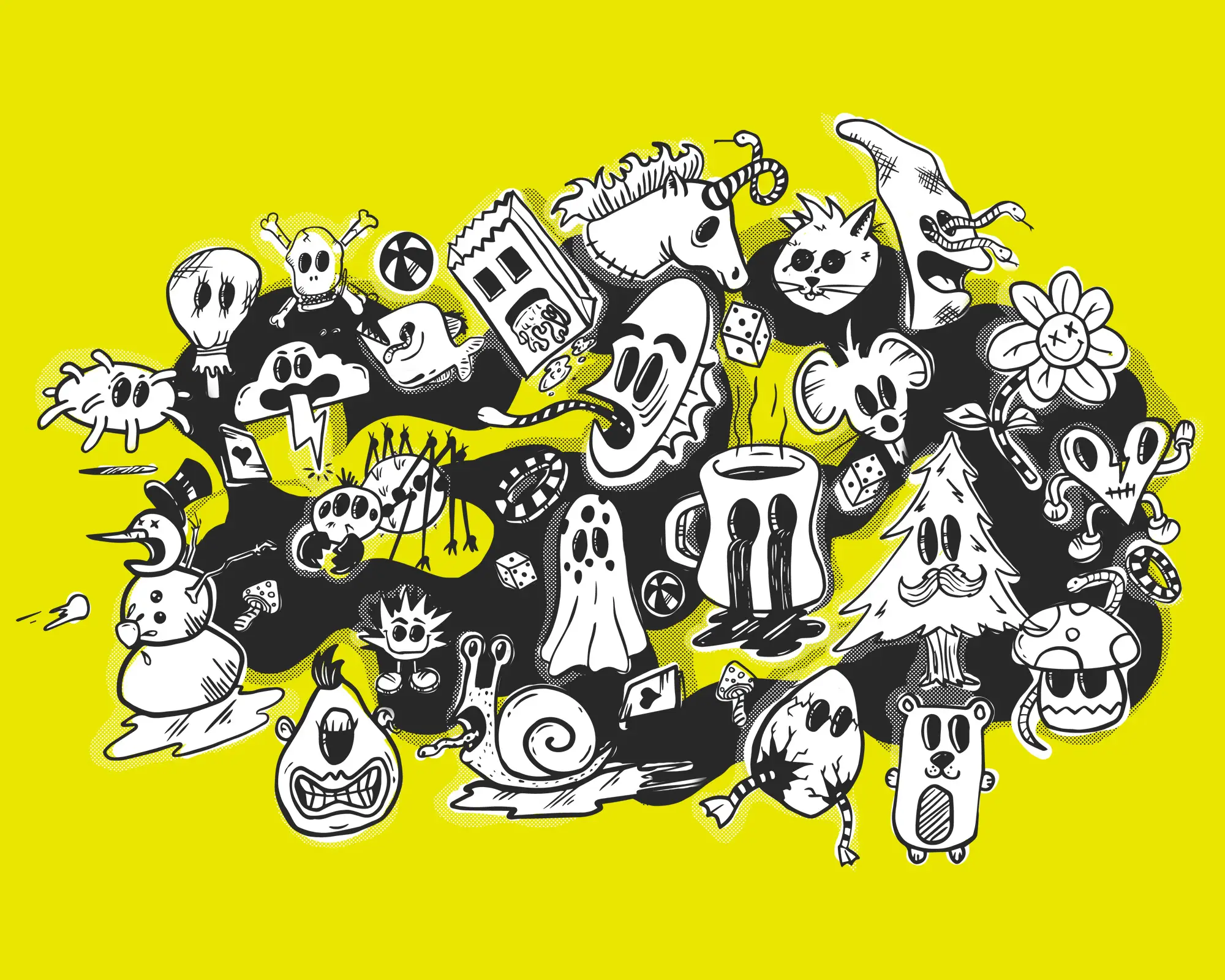 Colorful and whimsical cartoon-style illustrations of various characters and objects, including a unicorn, ghost, snowman, and plant, set against a bright yellow background, showcasing creative graphic design elements relevant to Corsair's branding and vis
