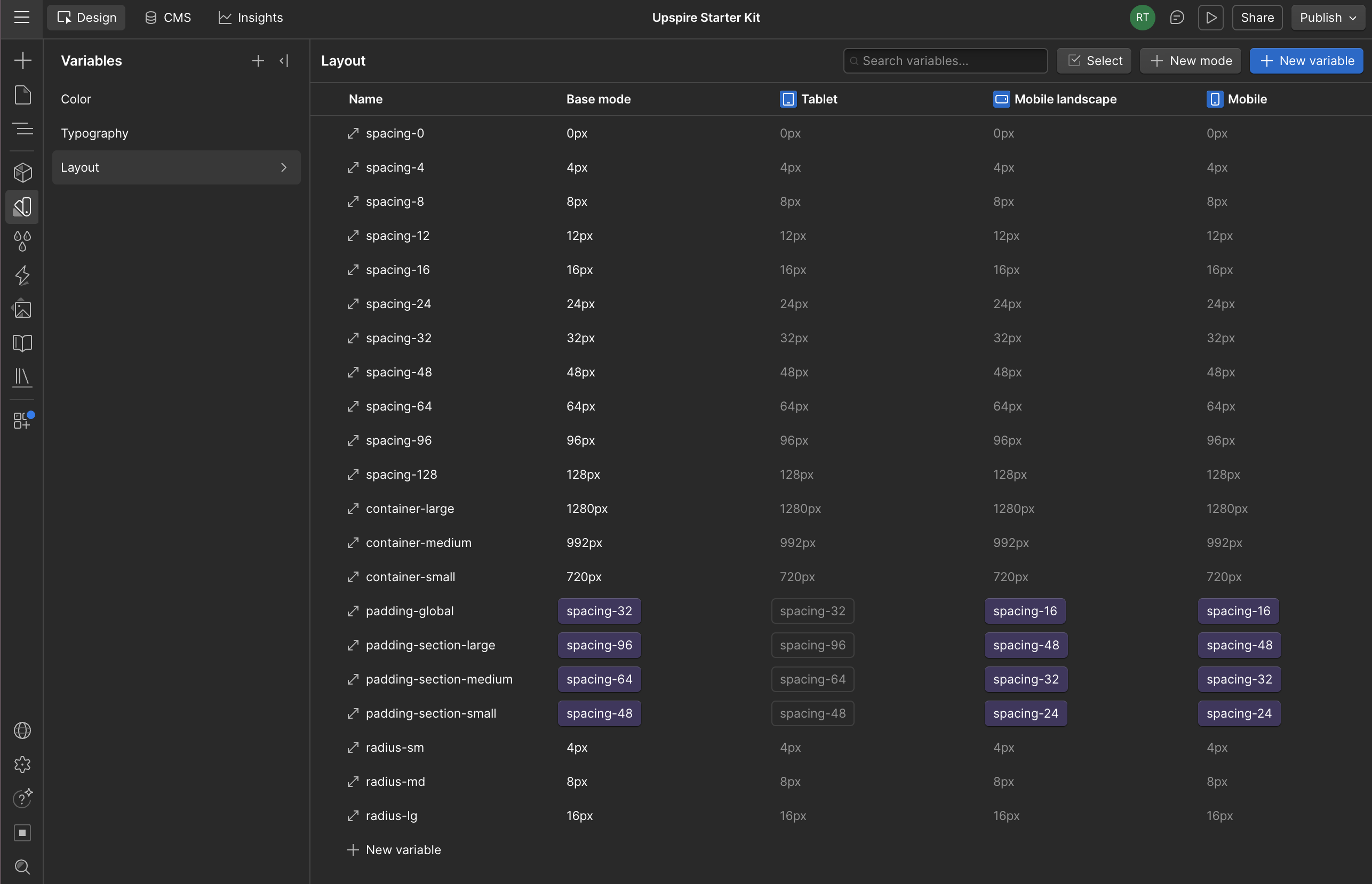 A creen shot of our custom layout variables and their breakoints
