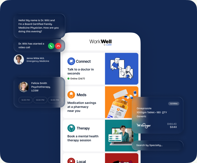 WorkWell app showing virtual care, meds, therapy and local services