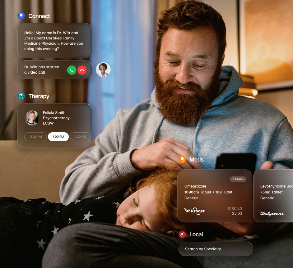 A WorkWell member using the app's Connect, Therapy, Meds and Local services