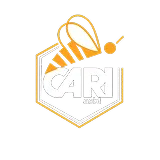 Logo featuring a white and orange shuttlecock above stylized letters 'CARI' with 'asbl' below inside a shield shape.