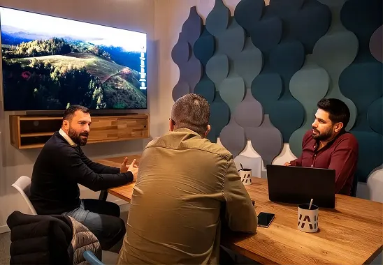Three men having a discussion around a wooden table with a laptop and coffee mugs in a modern office with a large screen showing a landscape.