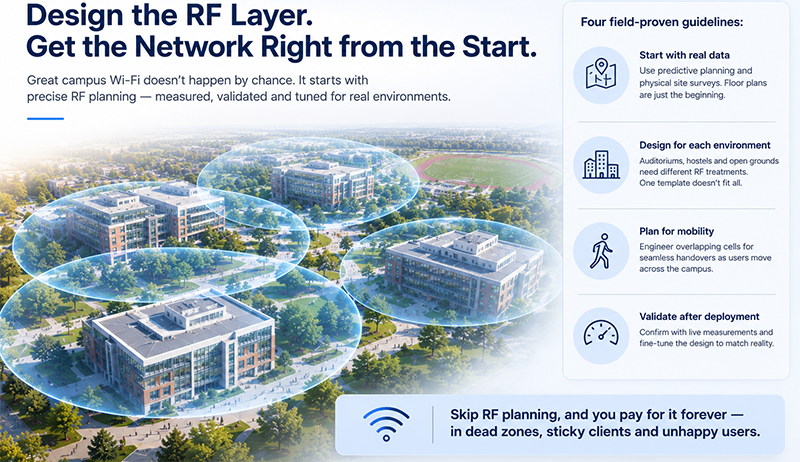 Campus RF planning illustration showing Wi-Fi coverage across different buildings and spaces