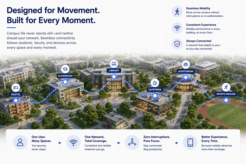 University campus mobility illustration showing seamless network connectivity from hostel and classroom to library, cafeteria, auditorium, and sports ground