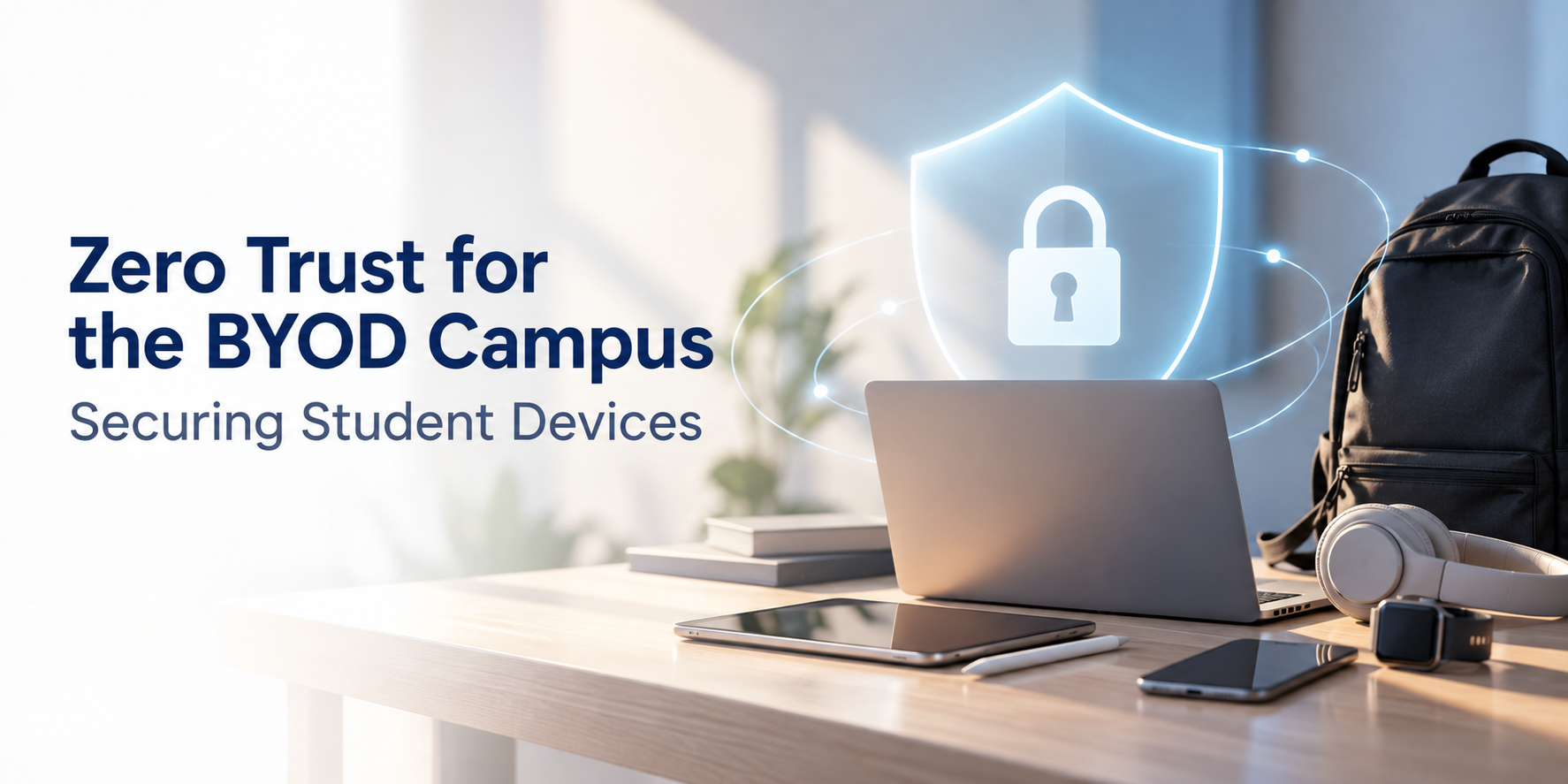 Student devices are protected by a digital security shield, representing zero trust for a BYOD campus