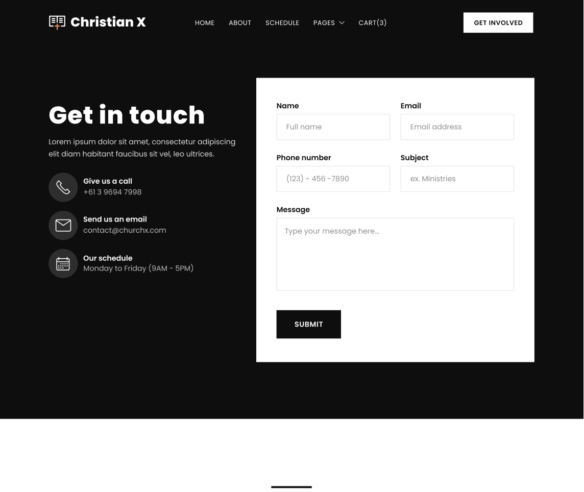 Christian X - Contact page - Church Webflow Template