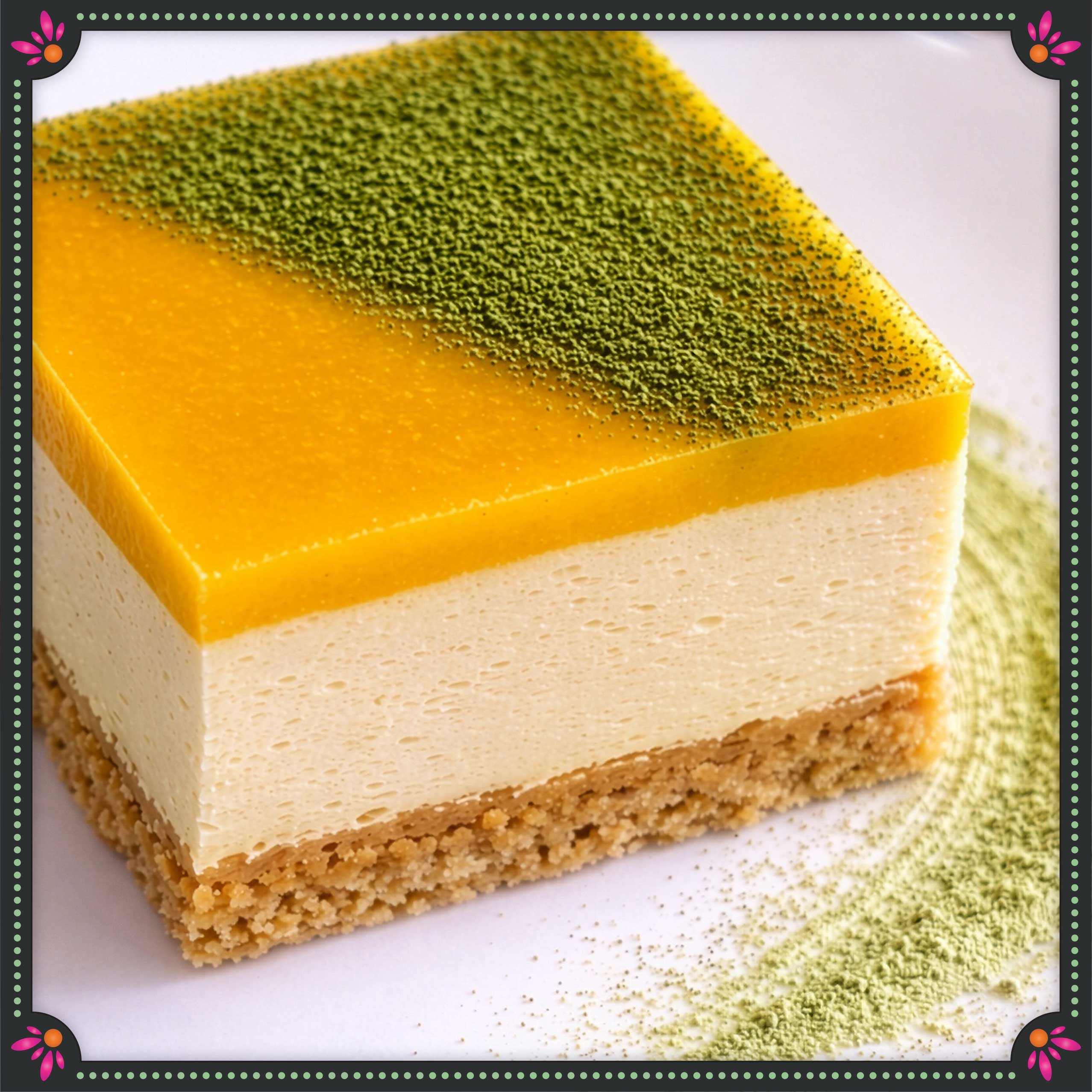 cheese with aamras pulp and matcha dust