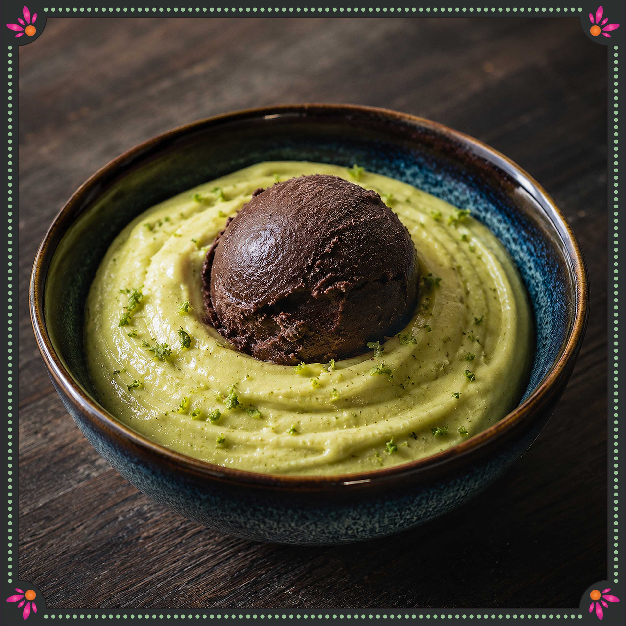 cheese with aamras pulp and matcha dust