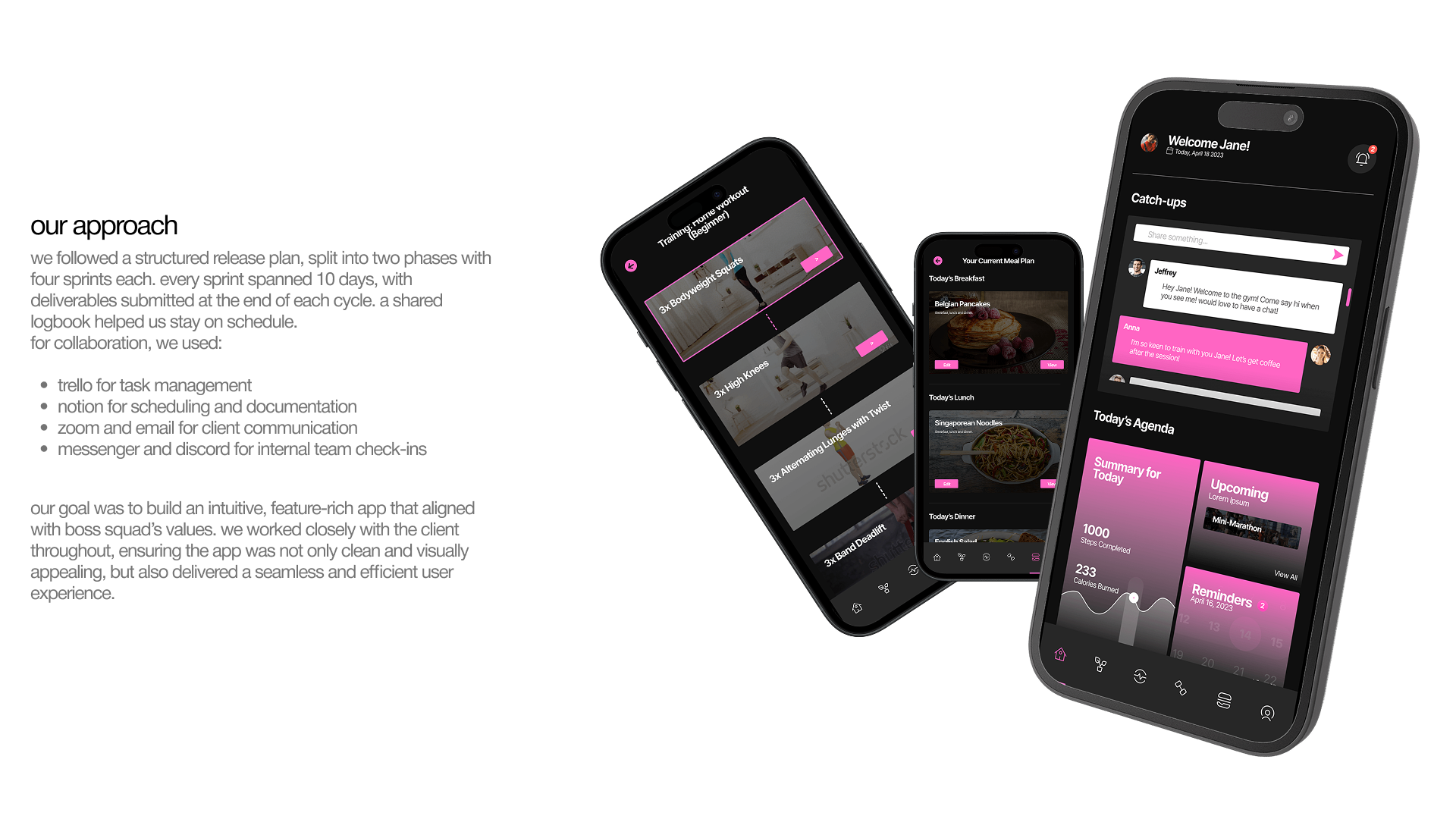 Documentation outlining the development approach for the Boss Squad Training app.