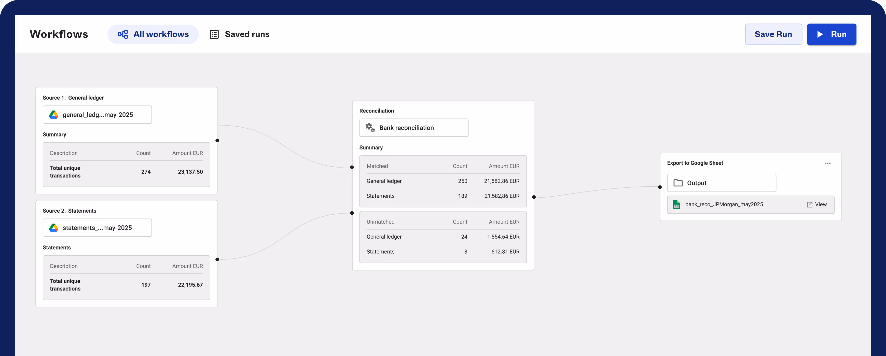 Reiterate's UI view of spreadsheet-based reconciliation workflow, showing an example of bank reconciliation
