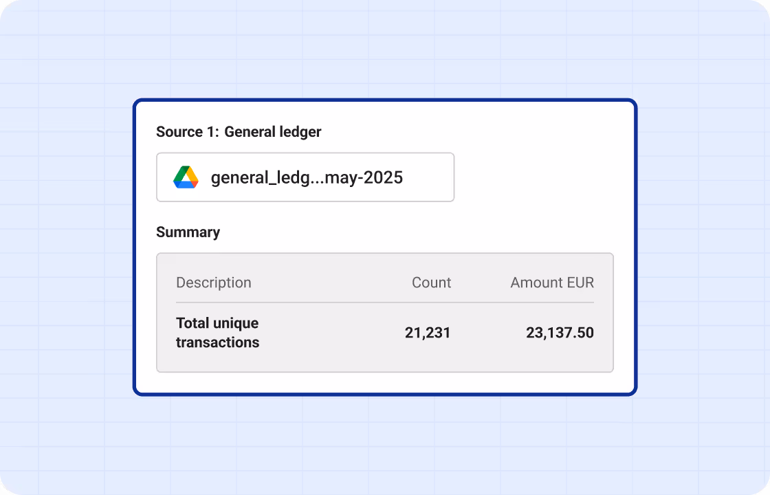 Simplified view of Reiterate's data reconciliation spreadsheet source selection from google drive.