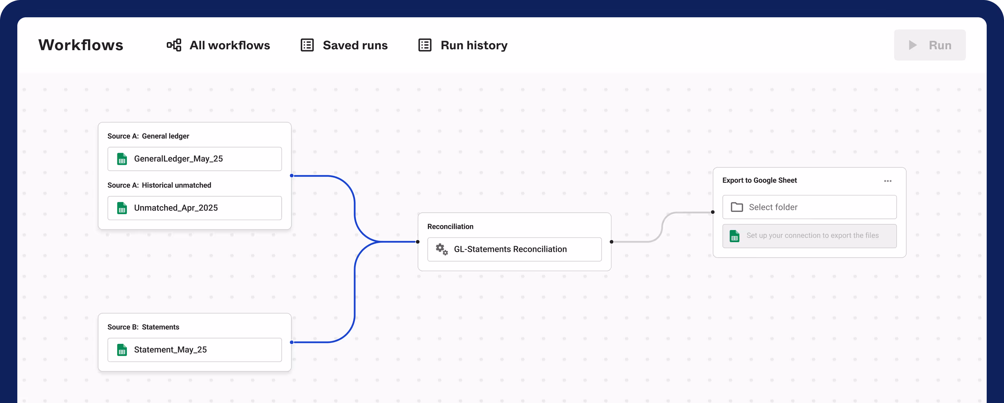 Reiterate's UI view of spreadsheet-based reconciliation workflow, showing an example of bank reconciliation