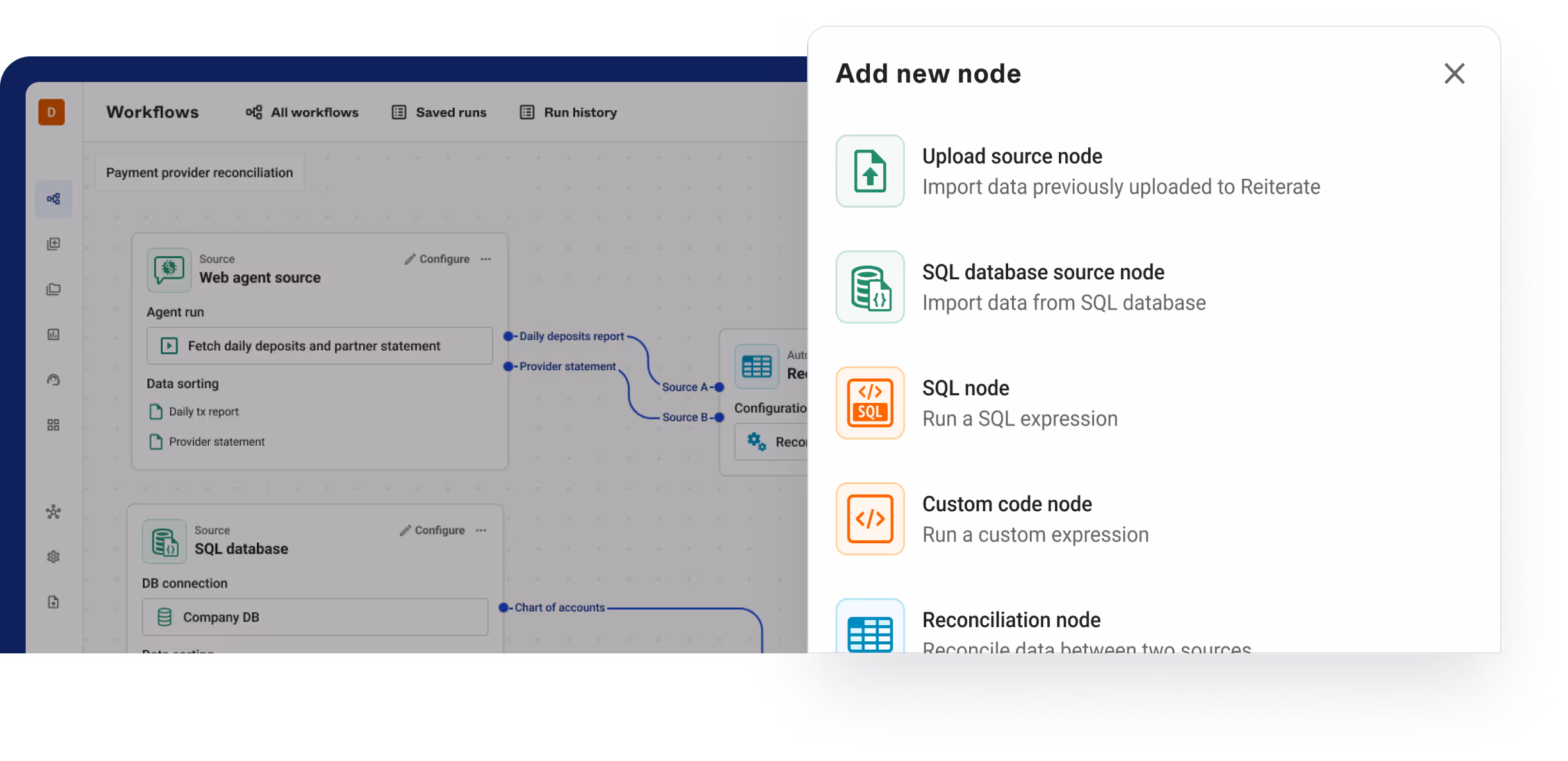 Flowchart connecting various components of Reiterate's UI of payment reconciliation and financial workflows