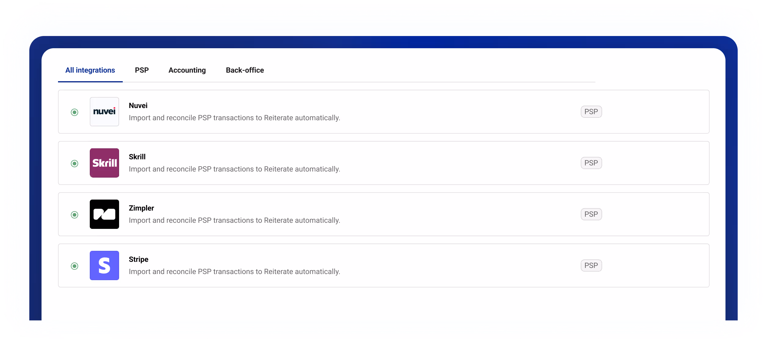 Screenshot of Reiterate UI listing some of the available PSP integration