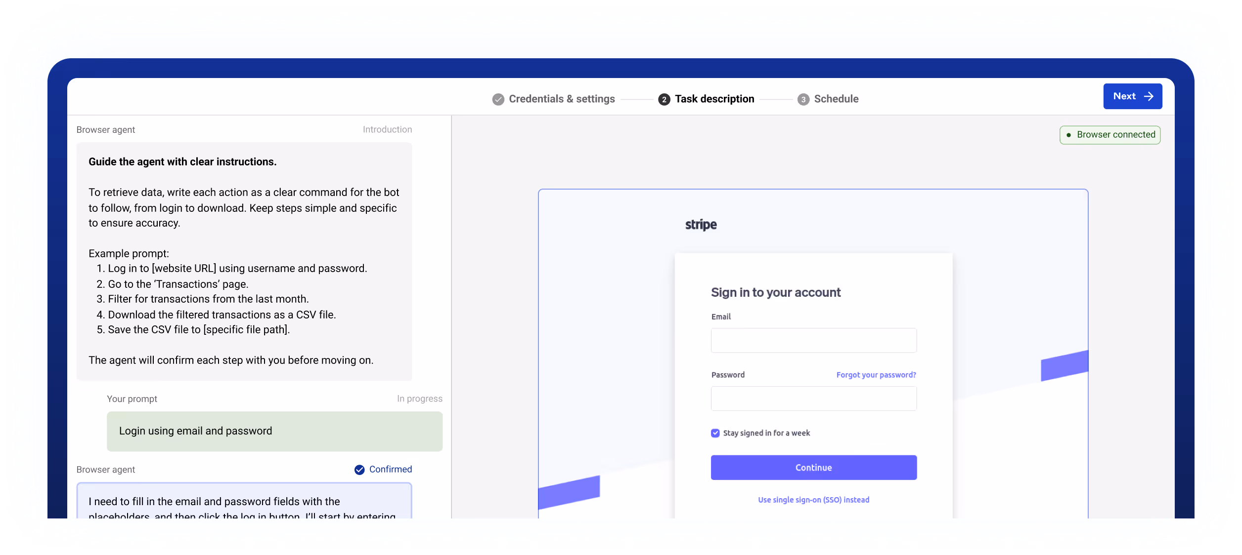 AI data gathering agent UI in Reiterate