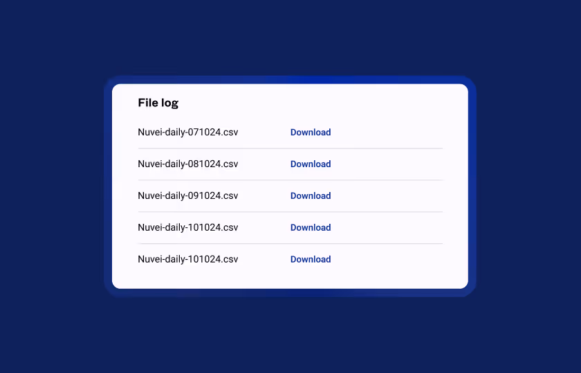 File log panel showing a list of five Nuvei-daily CSV files with download links.