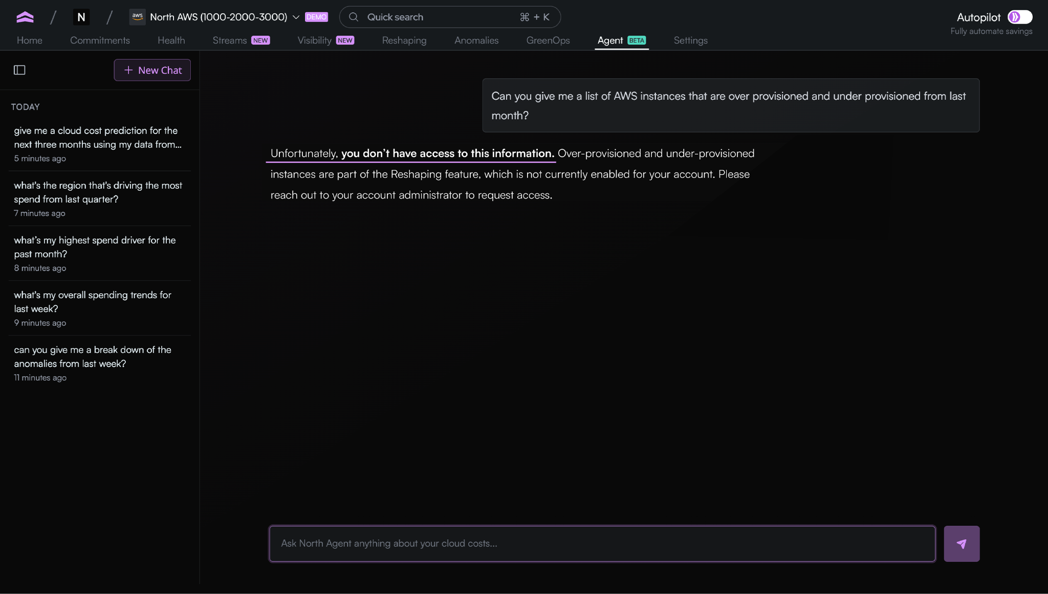 Agent North responding to a question outside the user’s access permissions.