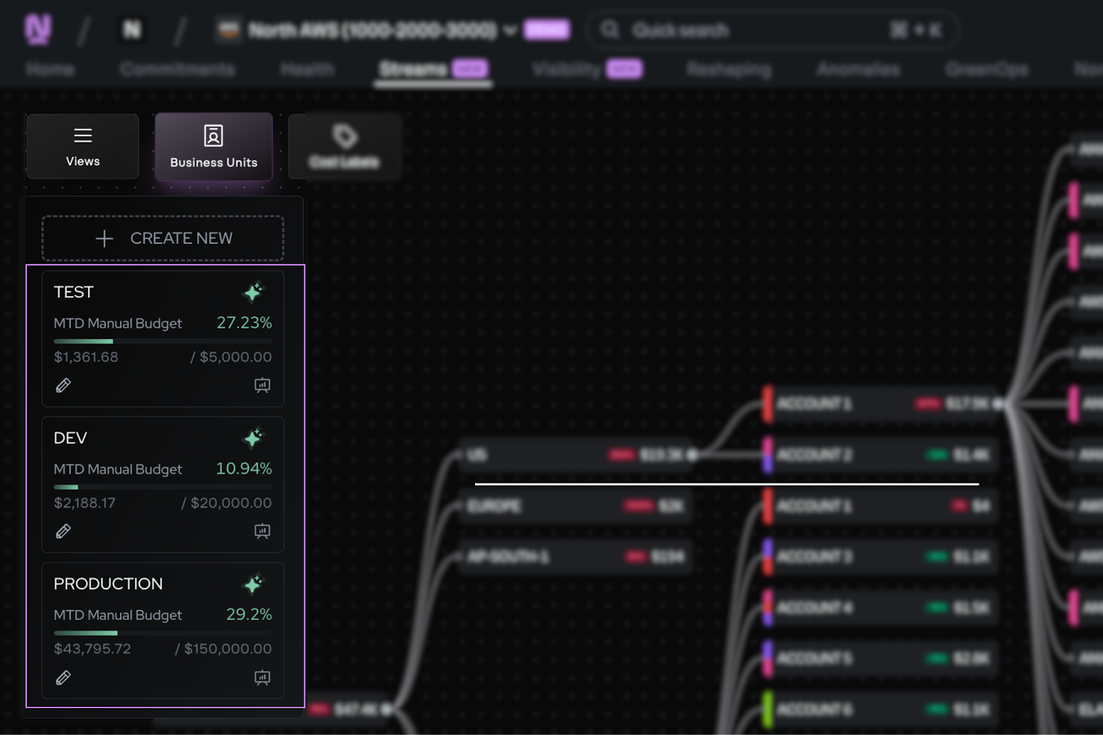 Coststreams Business Units panel showing month-to-date budget tracking for Test, Dev, and Production environments alongside the Cost Flow diagram.