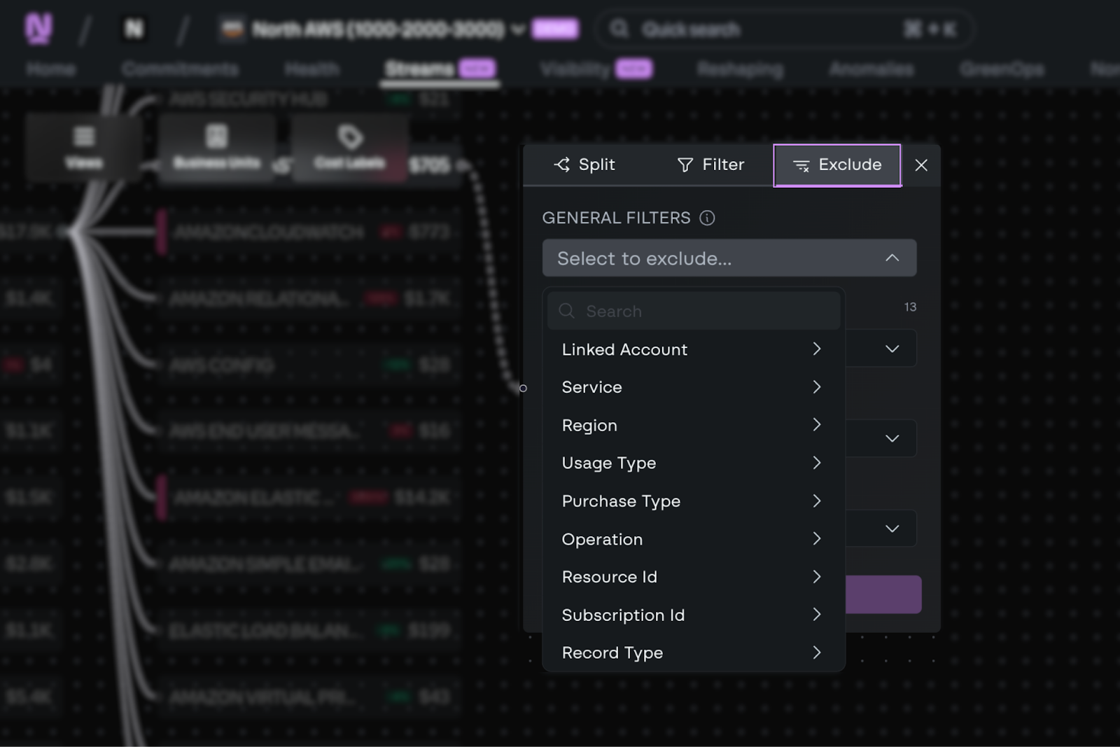Coststreams Exclude filter panel showing dimension options including Linked Account, Service, Region, Usage Type, and Purchase Type for removing specific cost segments from a stream view.