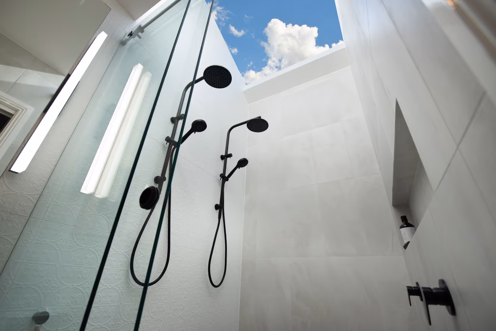 A shower with a sun roof