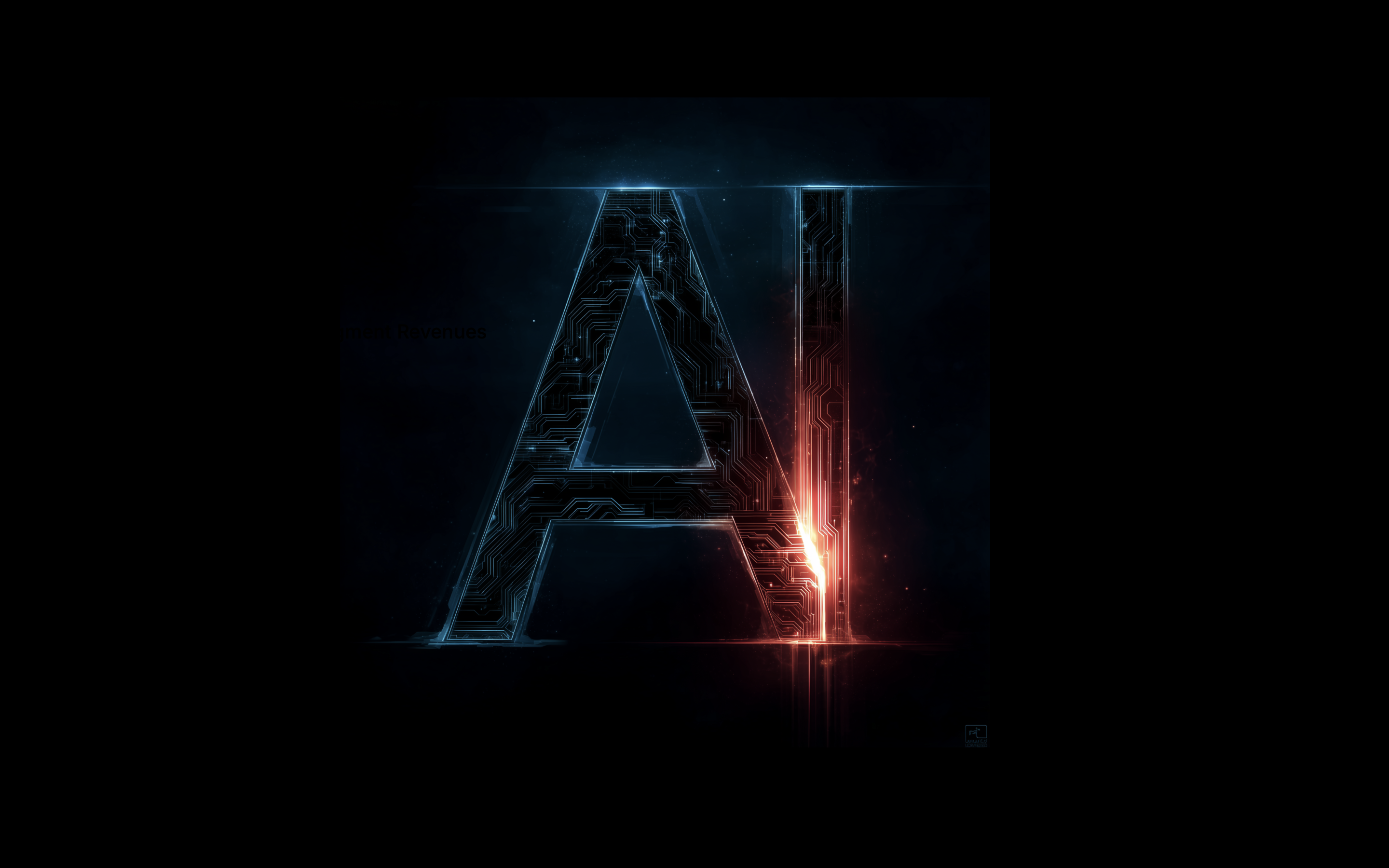Glowing letters AI with circuit-like patterns illuminated in blue and orange on a dark background.