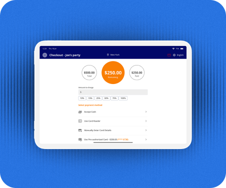A point-of-sale (POS) system for a food truck shown on a tablet, displaying sales analytics and order management.