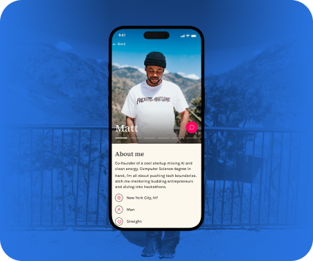 A mobile dating app interface displaying a user's profile, part of a project to revolutionize dating communities.